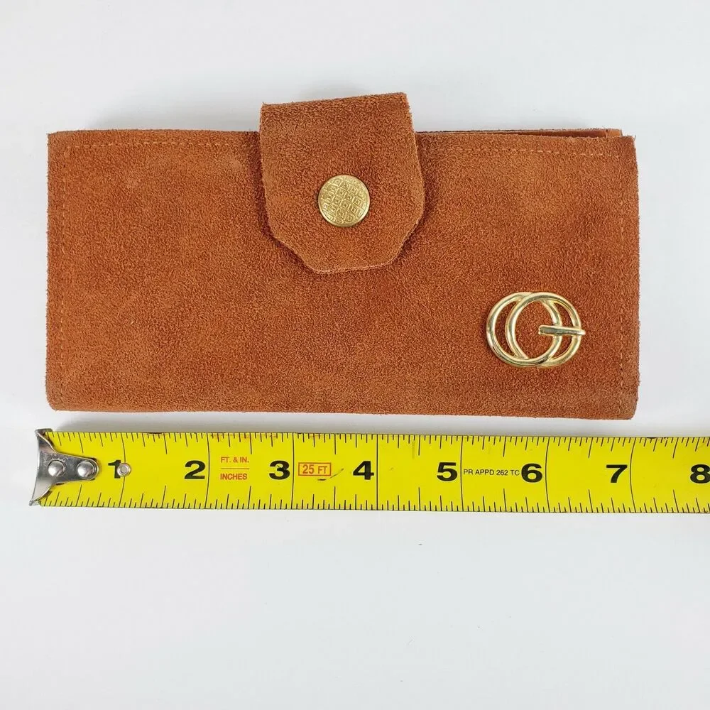 Vtg Camel Tan Suede Wallet Pocket Book Gold Tone Accents Pocket Book Retro 70s
